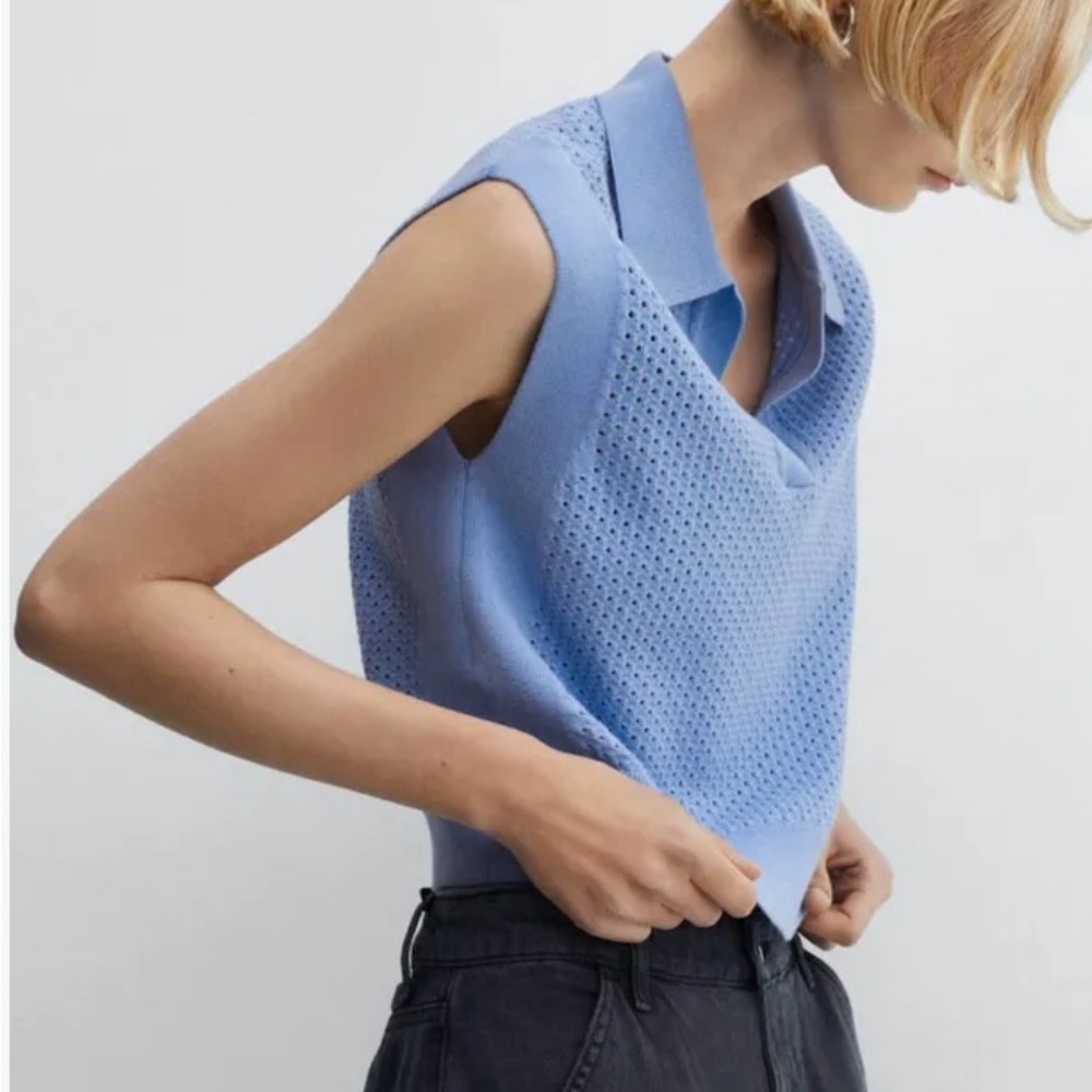 Mango Sky Blue Open-Knit V-Neck Polo Sweater Vest